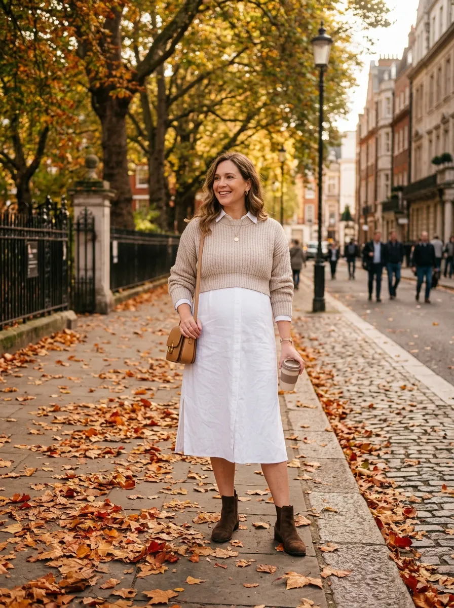 Shirt Dress with a Cropped Knit Sweater — 19 Fall Casual Dresses for Pregnant Women to Try Now