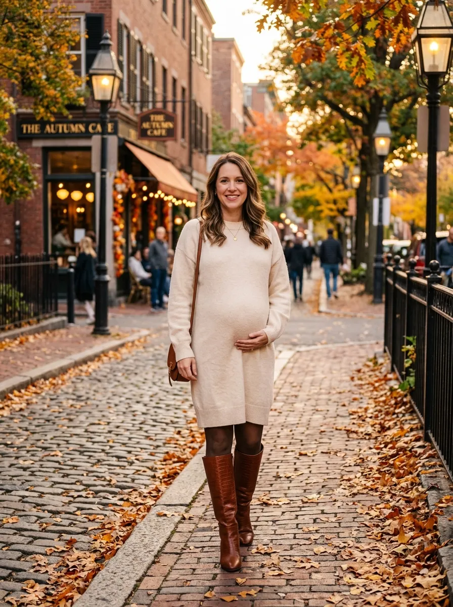 Sweater Dress with Knee High Boots — 19 Fall Casual Dresses for Pregnant Women to Try Now