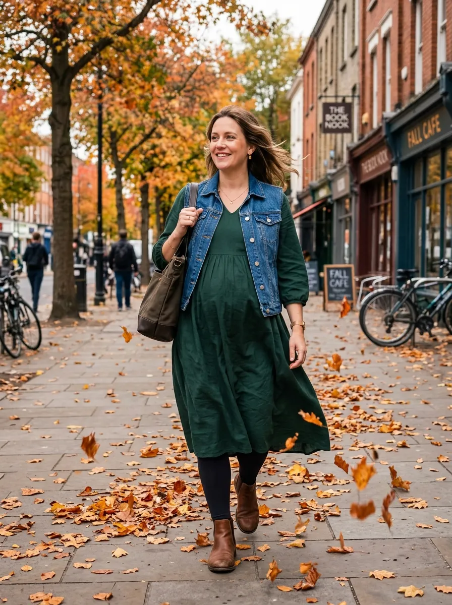 Swing Dress with a Denim Vest — 19 Fall Casual Dresses for Pregnant Women to Try Now