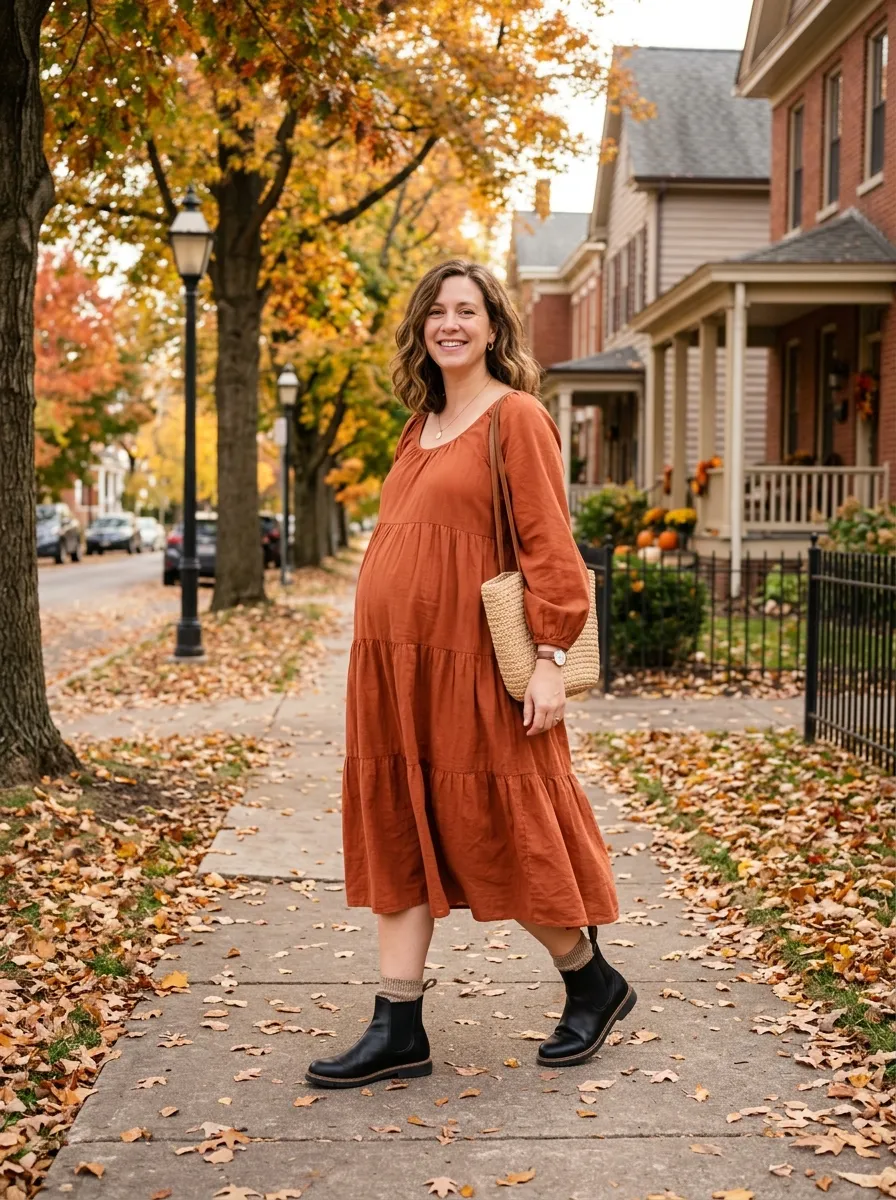 Tiered Smock Dress with Chelsea Boots — 19 Fall Casual Dresses for Pregnant Women to Try Now