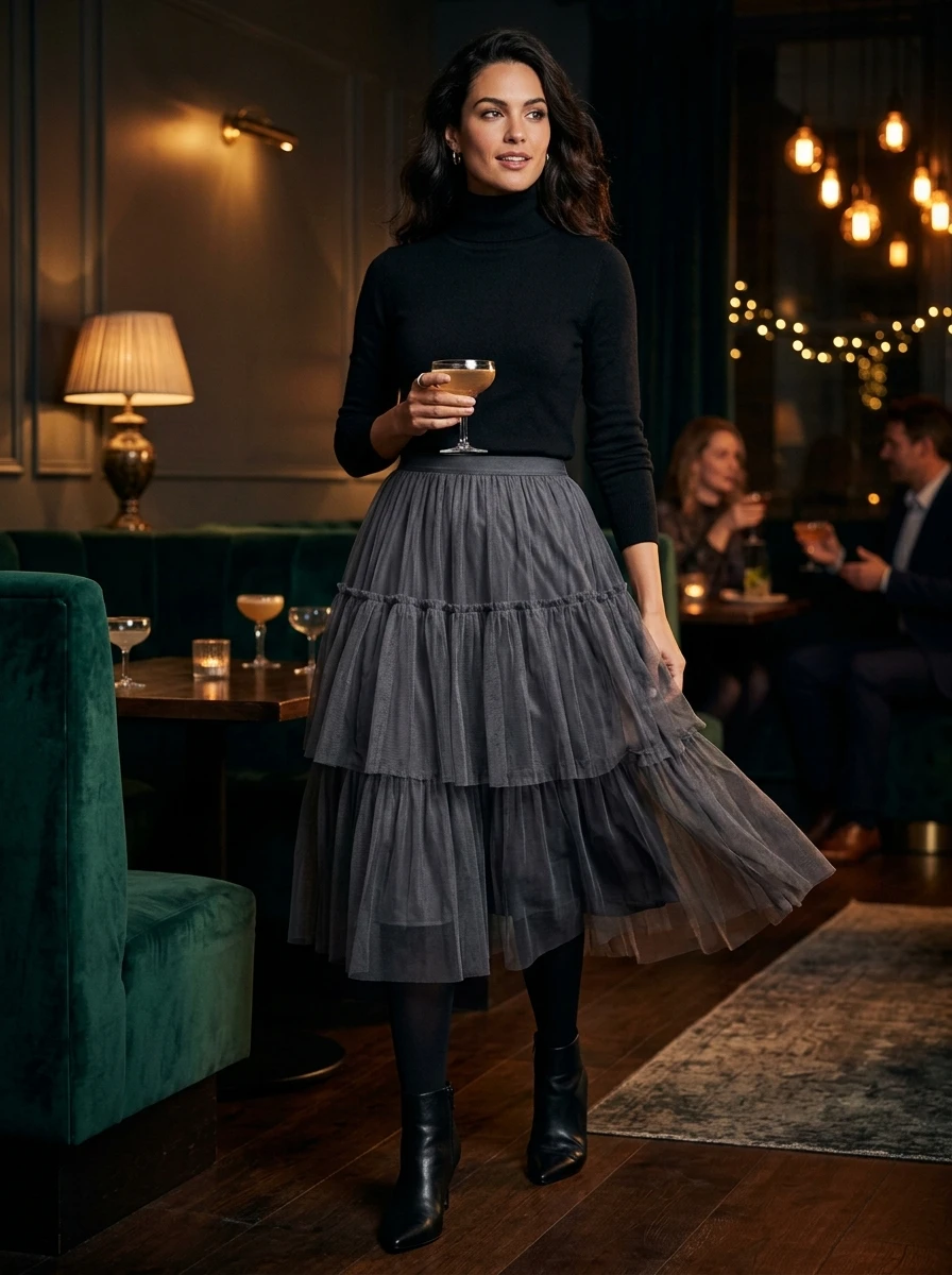 A woman wears a charcoal gray tulle midi skirt paired with a fitted black turtleneck. The sheer texture of the skirt adds a touch of drama, making it a fun choice for evening winter birthday celebrations.