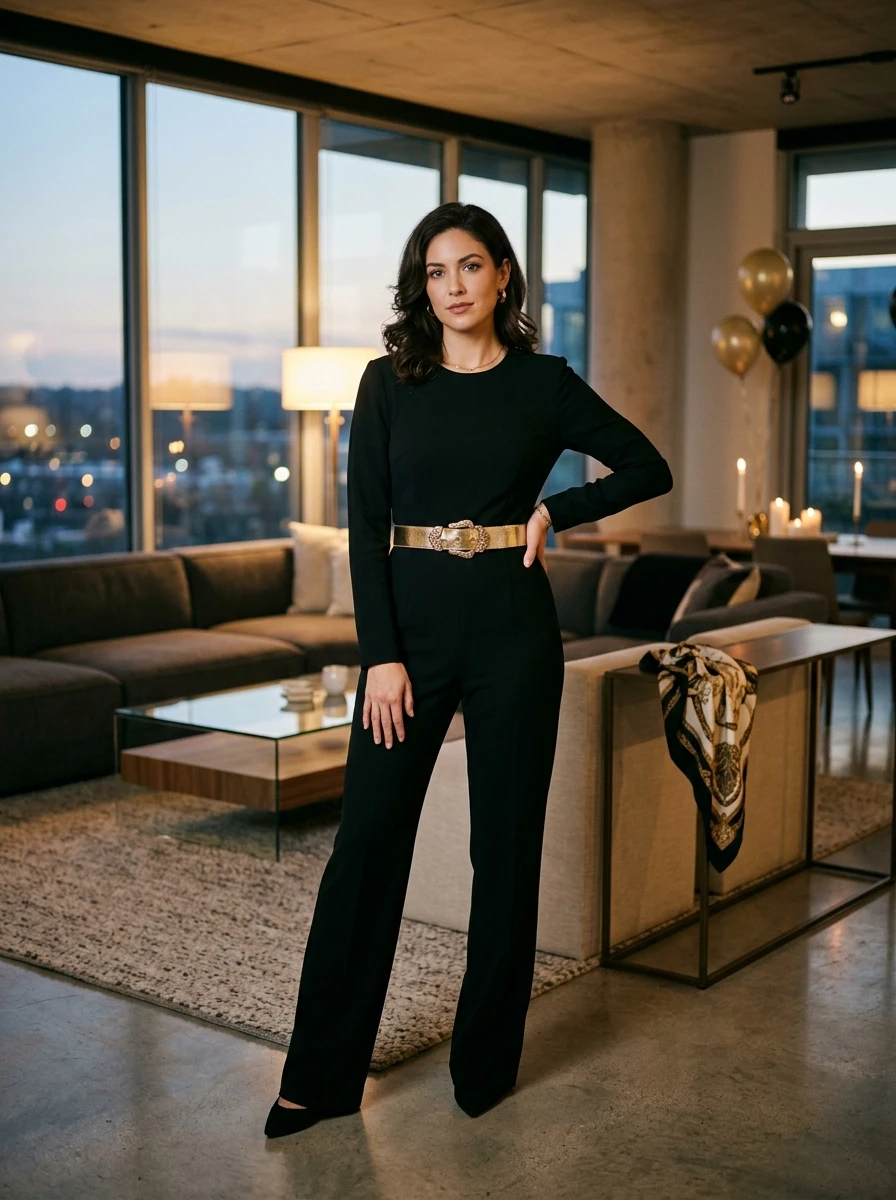 A woman wears a black long sleeved jumpsuit cinched with a gold waist belt. The jumpsuit offers a streamlined, chic look that is strong for a winter birthday celebration, requiring very little styling to look polished.