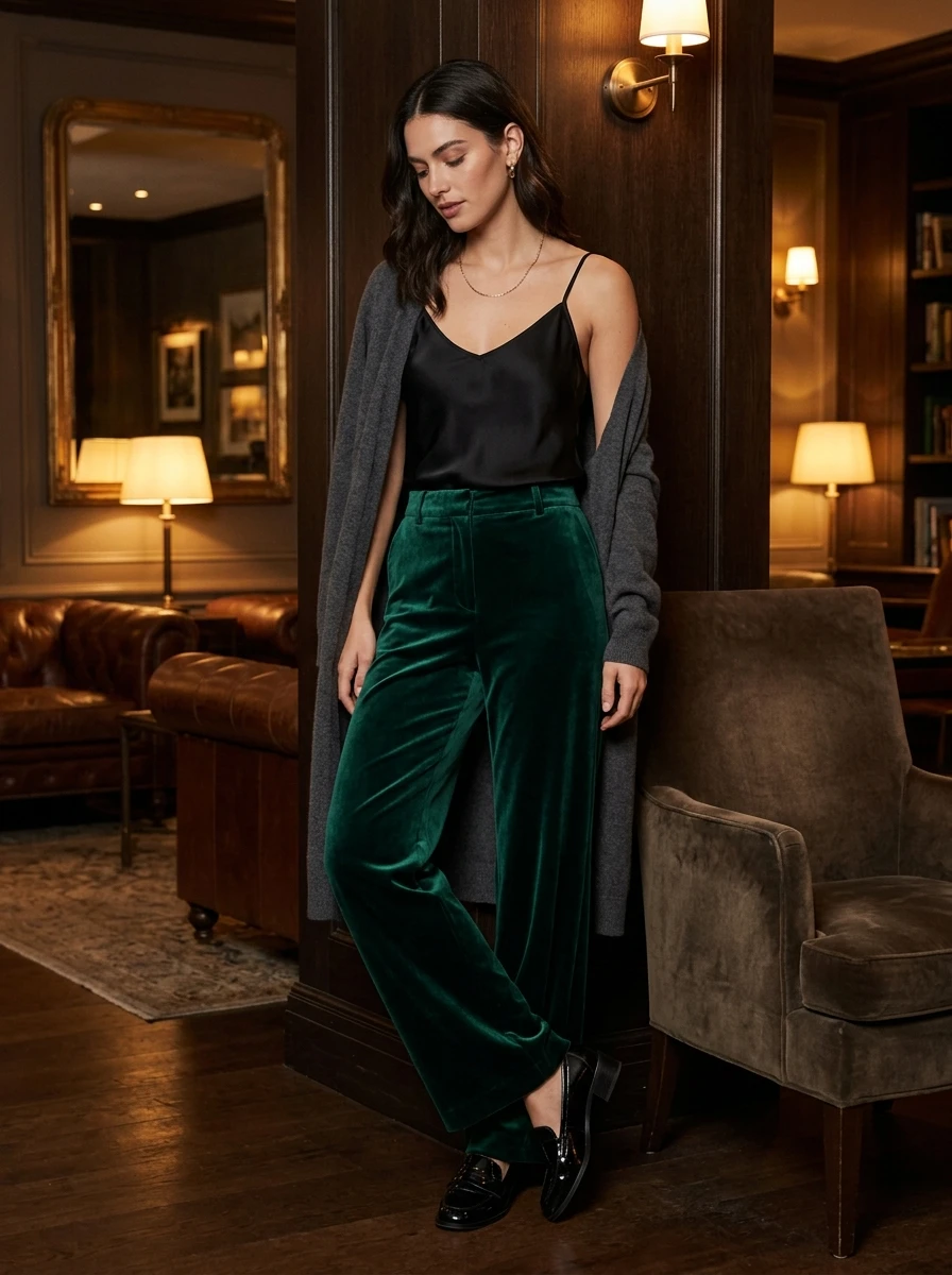 A woman wears high waisted velvet trousers paired with a silk camisole. The combination of textures creates a luxurious feel, making it an excellent choice for an elegant winter birthday evening.