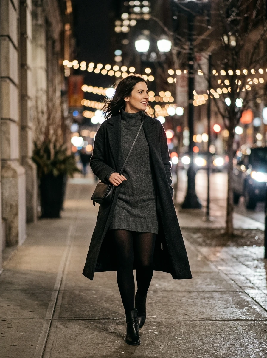 A woman wears a high neck long sleeved mini dress paired with opaque black tights. The outfit is sleek and modern, providing a stylish option for a winter birthday night out while keeping warmth in mind.