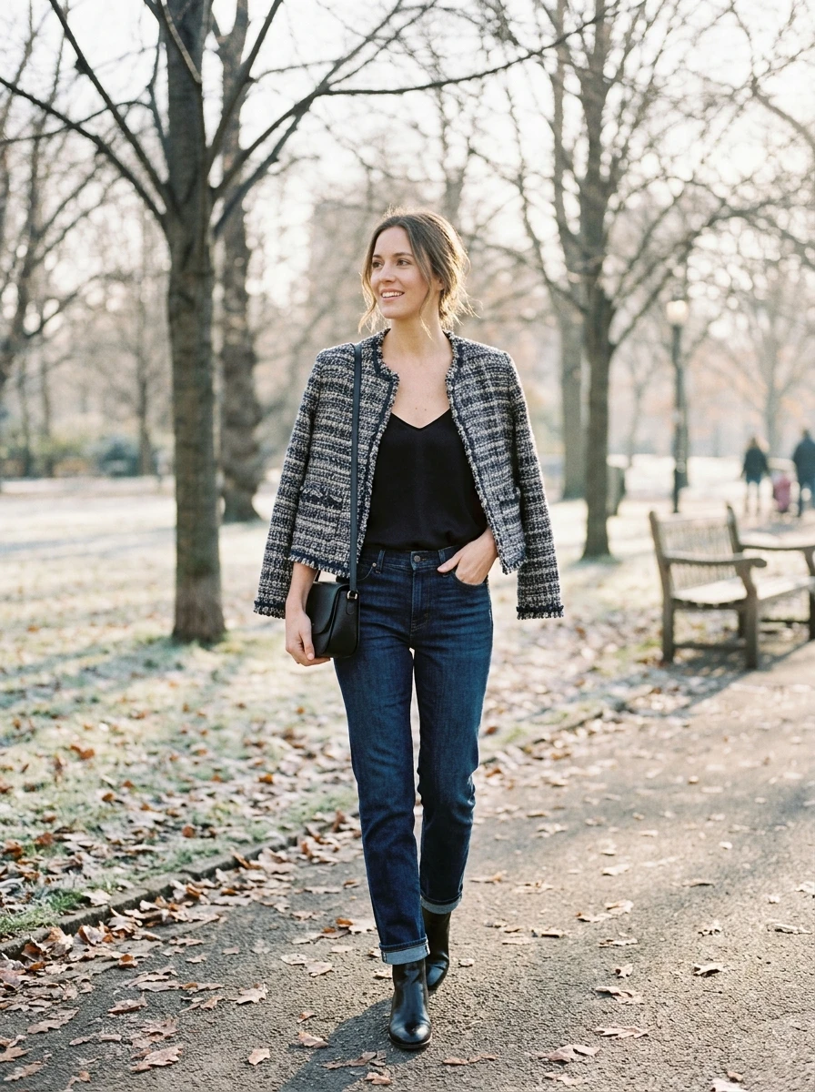 A woman wears a cropped tweed jacket paired with dark wash denim jeans. The tweed adds a classic, sophisticated texture to the outfit, making it a great choice for a casual yet stylish winter birthday.
