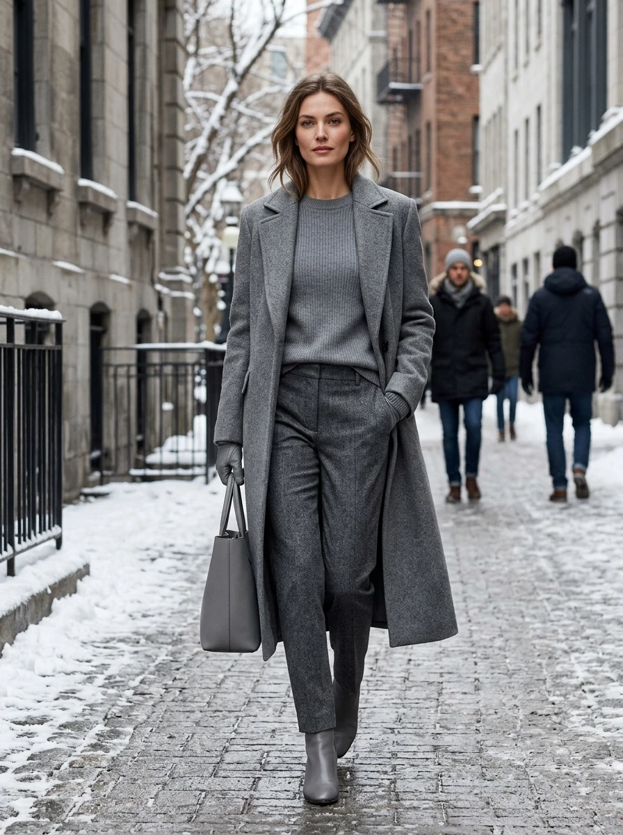 A woman wears a monochromatic gray outfit featuring wool trousers, a cashmere sweater, and a long wool coat. The layered look is clean, modern, and strongly suited for a stylish winter birthday outing.