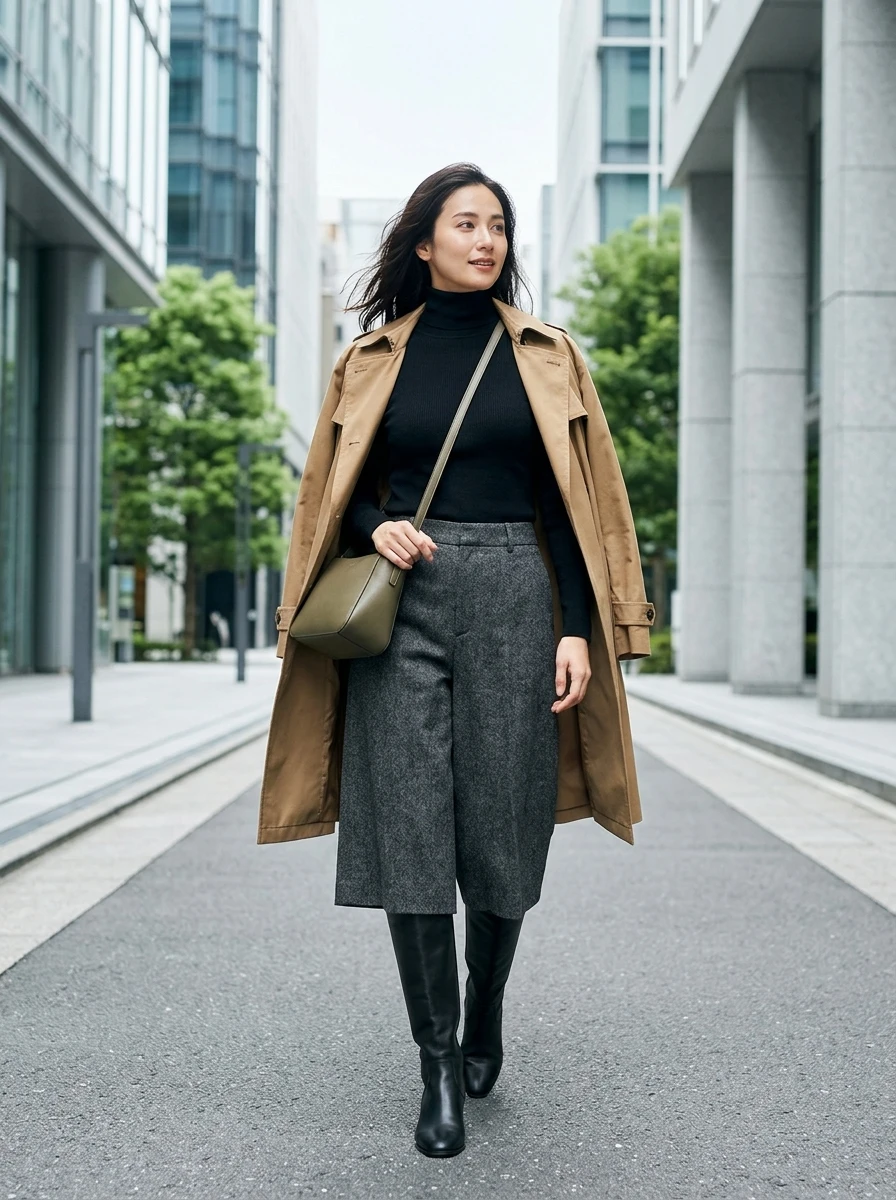 A woman wears wool culottes paired with fitted knee high boots. The silhouette is unique and modern, offering a stylish alternative for a winter birthday outfit that keeps you warm and mobile.