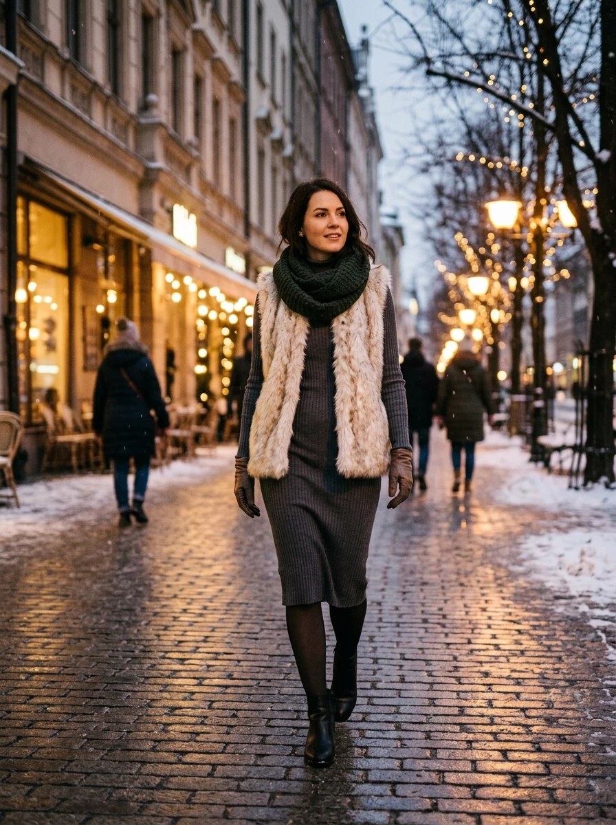 A woman wears a long sleeved knit dress layered with a faux fur vest. The combination is warm and textural, making it a strong choice for an outdoor winter birthday celebration where you need extra coverage.