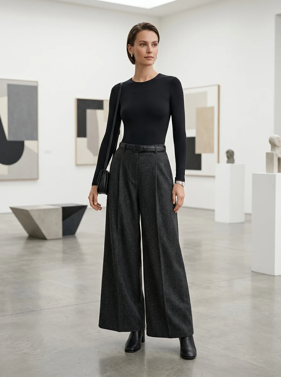 A woman wears high waisted wide leg wool trousers paired with a fitted black long sleeved bodysuit. The silhouette is balanced and modern, strong for a sophisticated daytime birthday activity like visiting an art gallery.