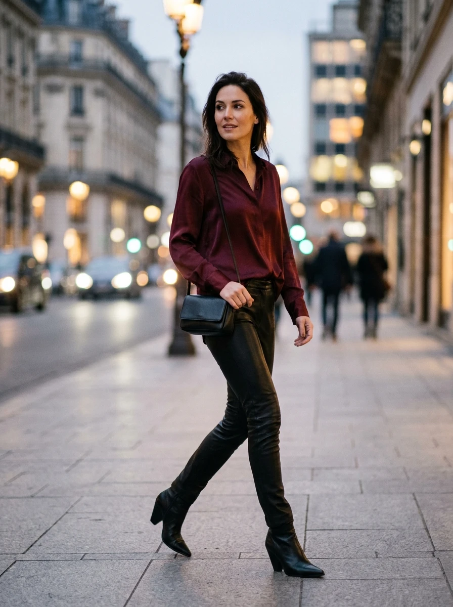 A woman wears a deep burgundy silk blouse tucked into slim fit black leather pants. The outfit features a rich color palette and contrasting textures, making it a polished choice for a winter evening celebration.