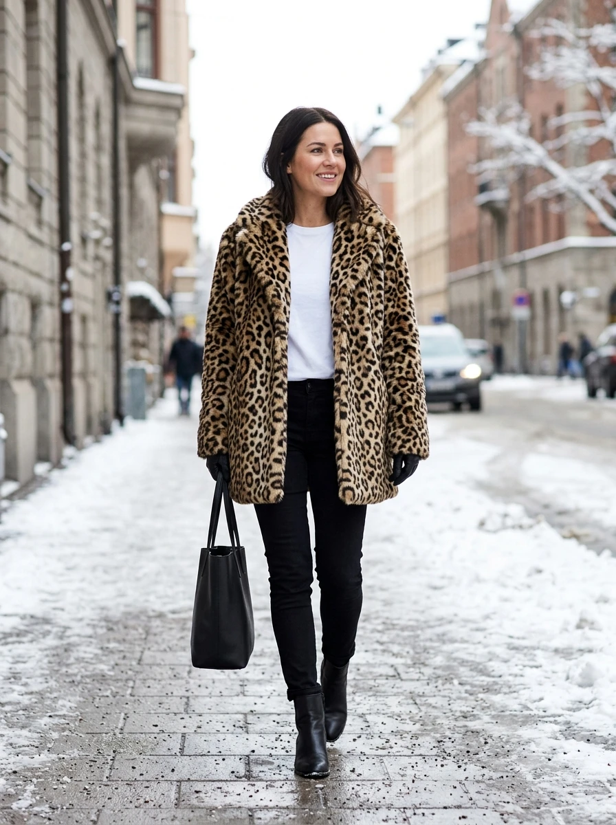 A woman wears a statement faux fur coat over a minimalist base of a white shirt and black jeans. The coat serves as the focal point, providing warmth and style for outdoor winter birthday activities.