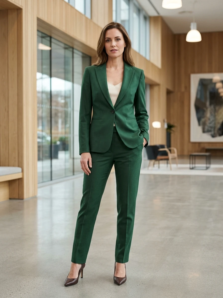 A woman wears a tailored forest green wool suit with a simple camisole underneath. The structured look is sophisticated and confident, suitable for a formal winter birthday celebration or dinner.