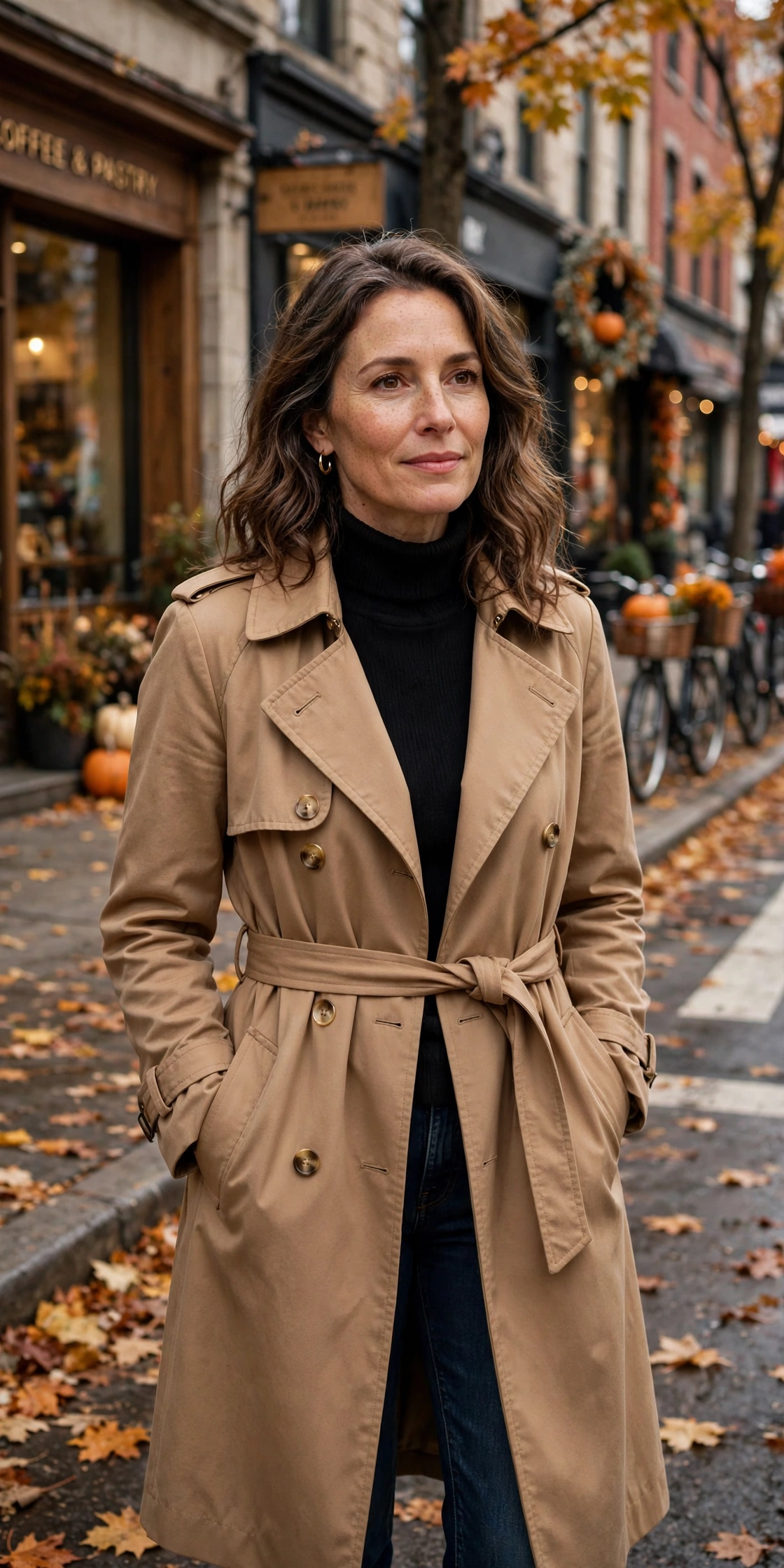 Woman in her 40s wearing a camel trench coat with a breton stripe top and navy cropped trousers on a fall city street