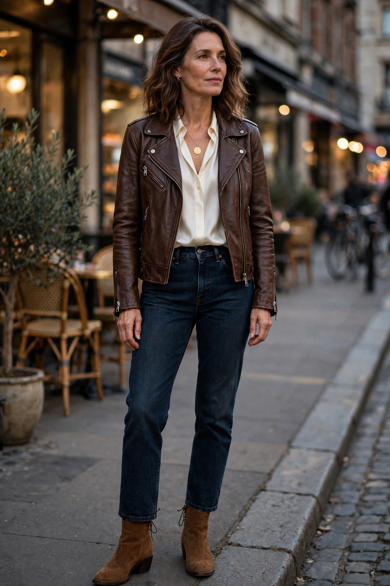 Woman in her 40s wearing a chocolate leather jacket with an ivory blouse and dark jeans on a city evening street