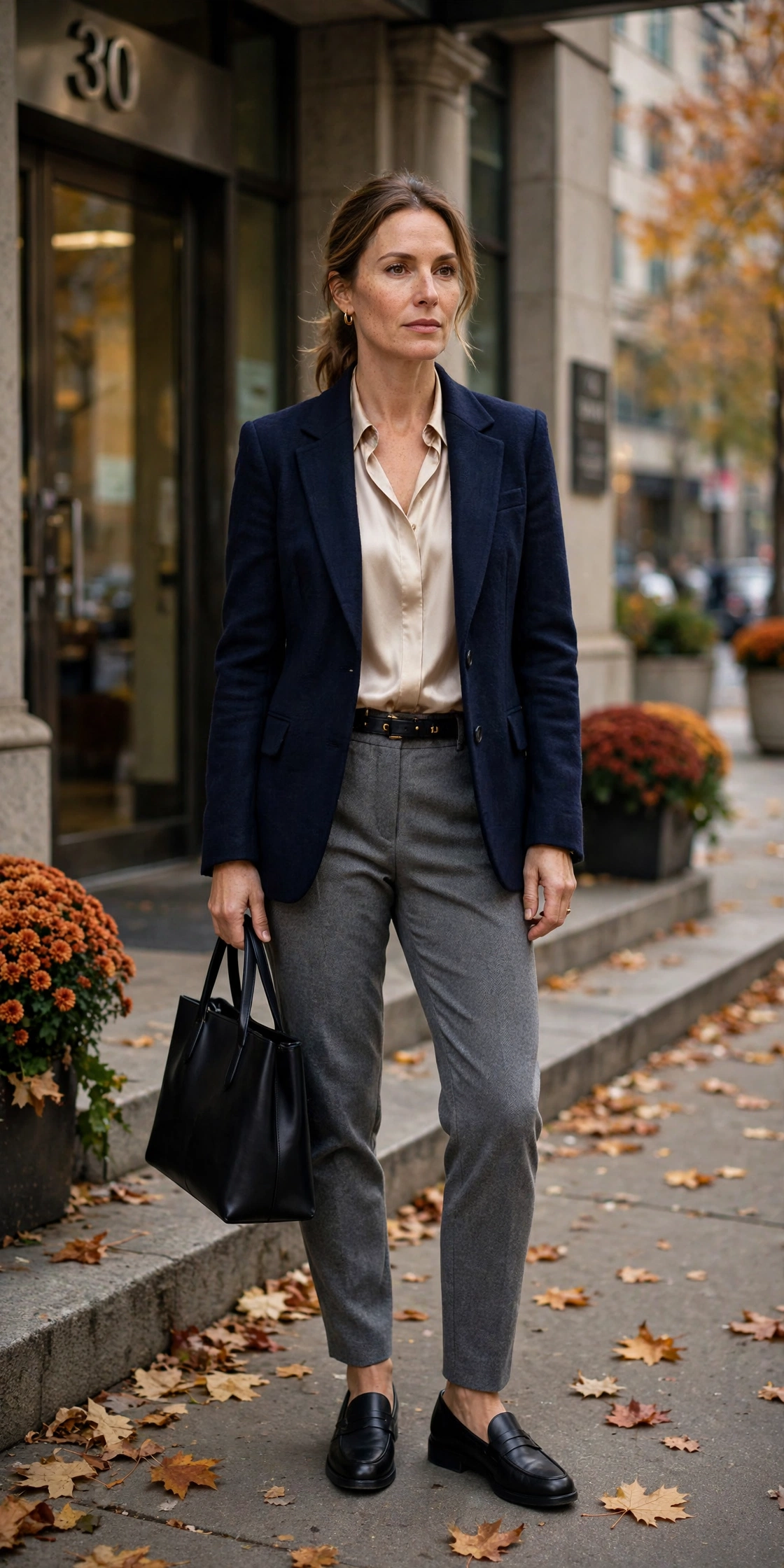 Woman in her 40s wearing a navy blazer with grey flannel trousers and a champagne silk blouse