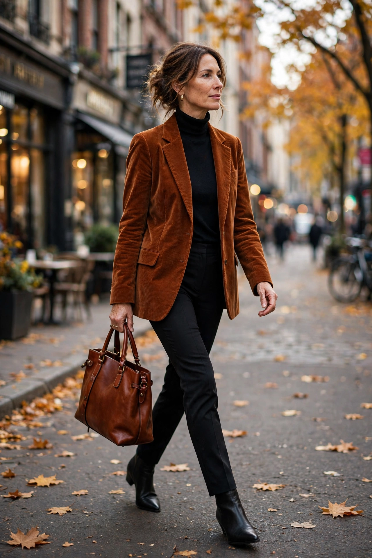 Woman in her 40s wearing a rust corduroy blazer with a black turtleneck and slim trousers