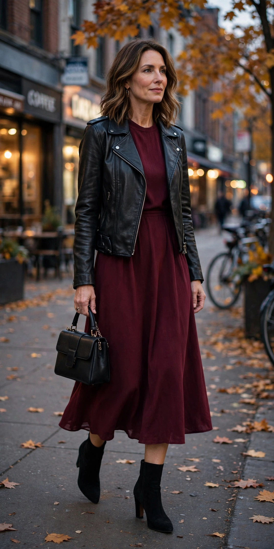 Woman in her 40s wearing a black moto jacket over a burgundy midi dress with heeled ankle boots