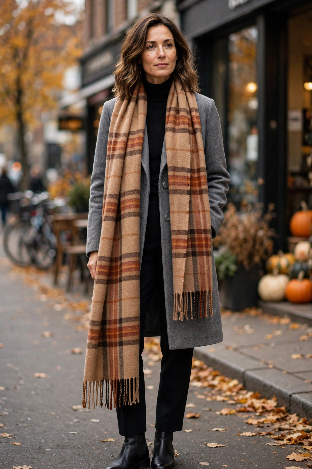 Woman in her 40s wearing a grey wool coat over an all-black outfit with a camel plaid scarf