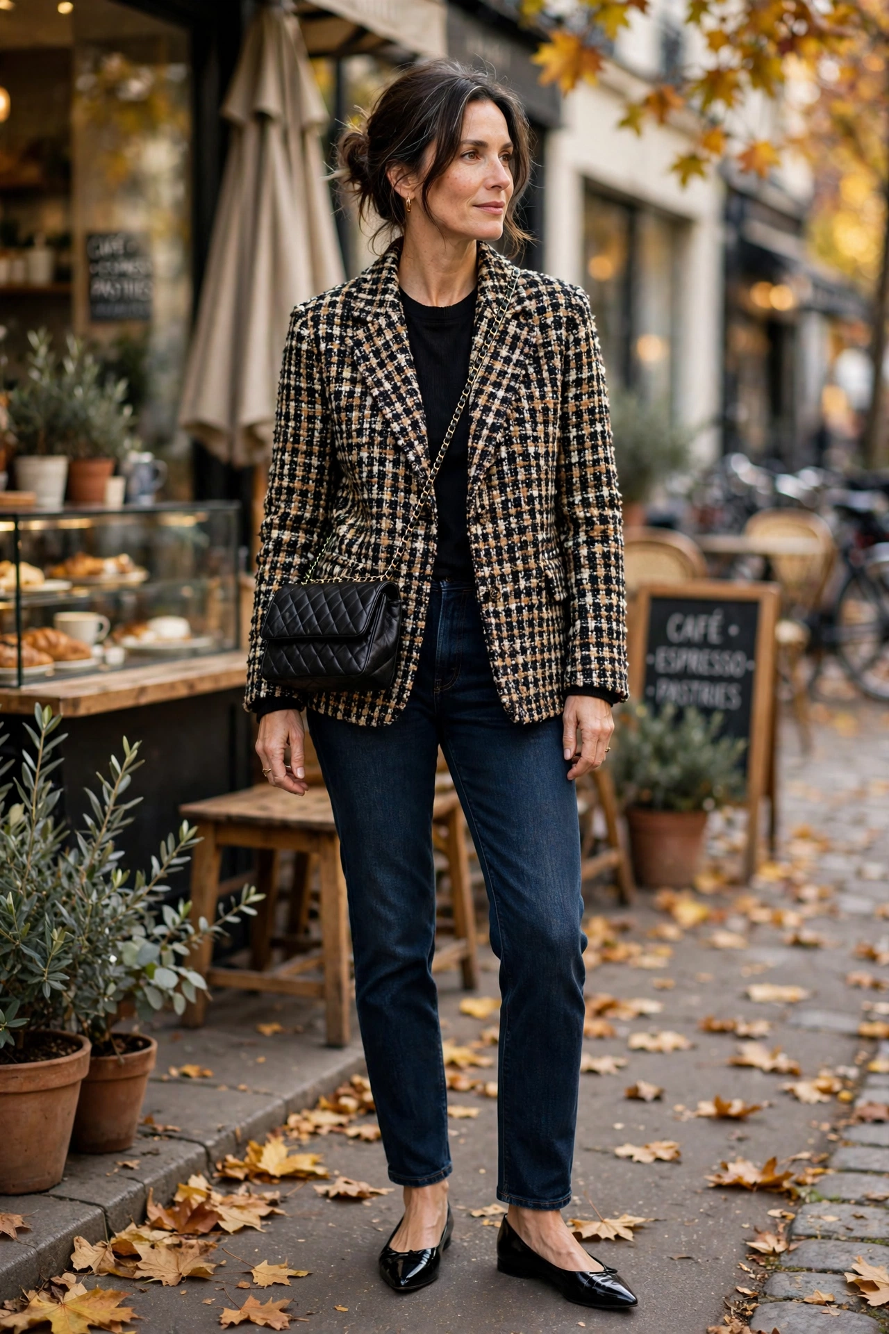 Woman in her 40s wearing a tweed jacket with dark jeans and pointed flats