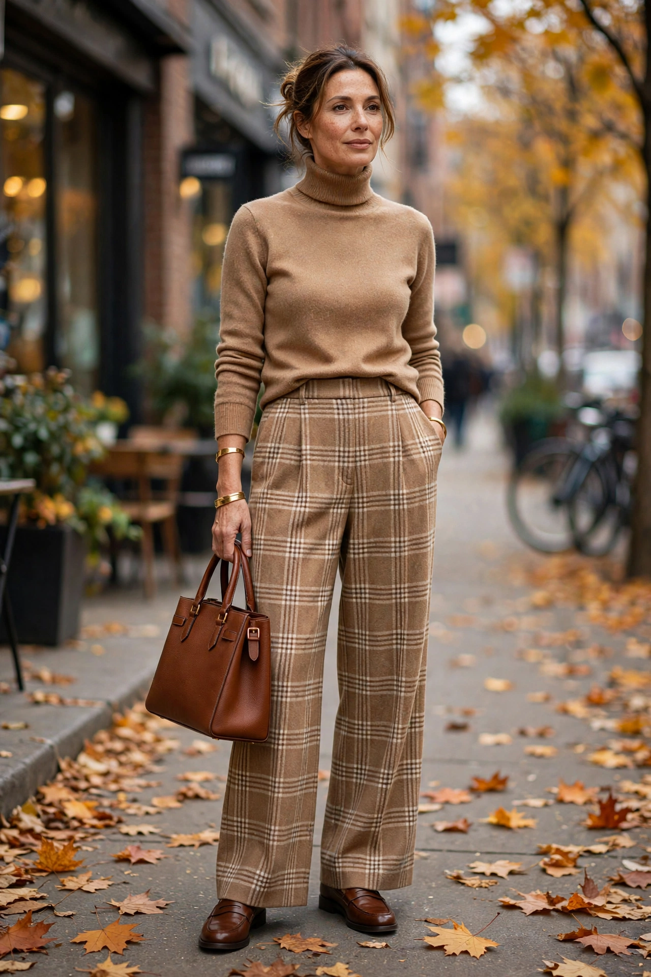 Woman in her 40s wearing a camel turtleneck with plaid wide-leg trousers and loafers