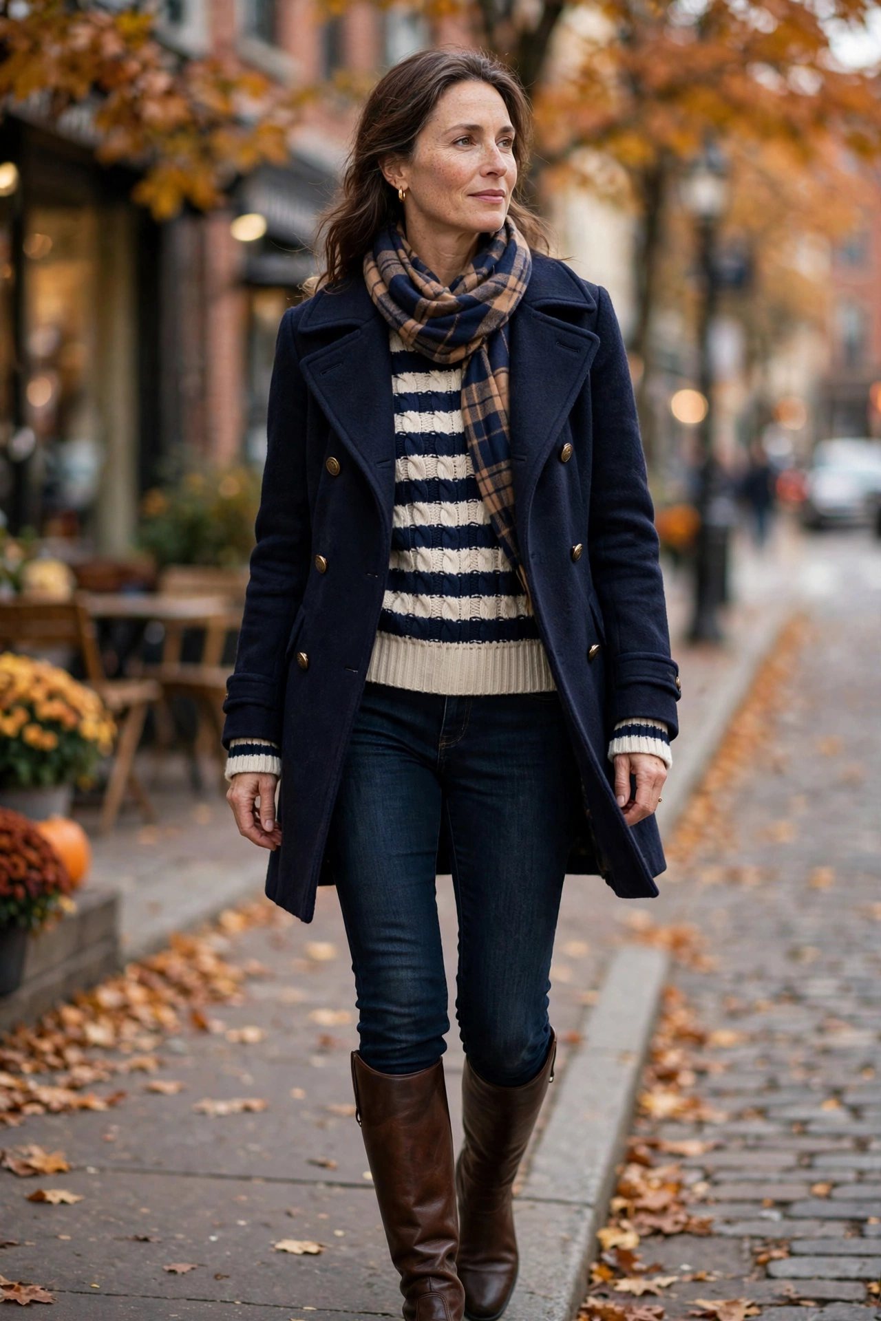 Woman in her 40s wearing a navy peacoat with a striped sweater and dark skinny jeans