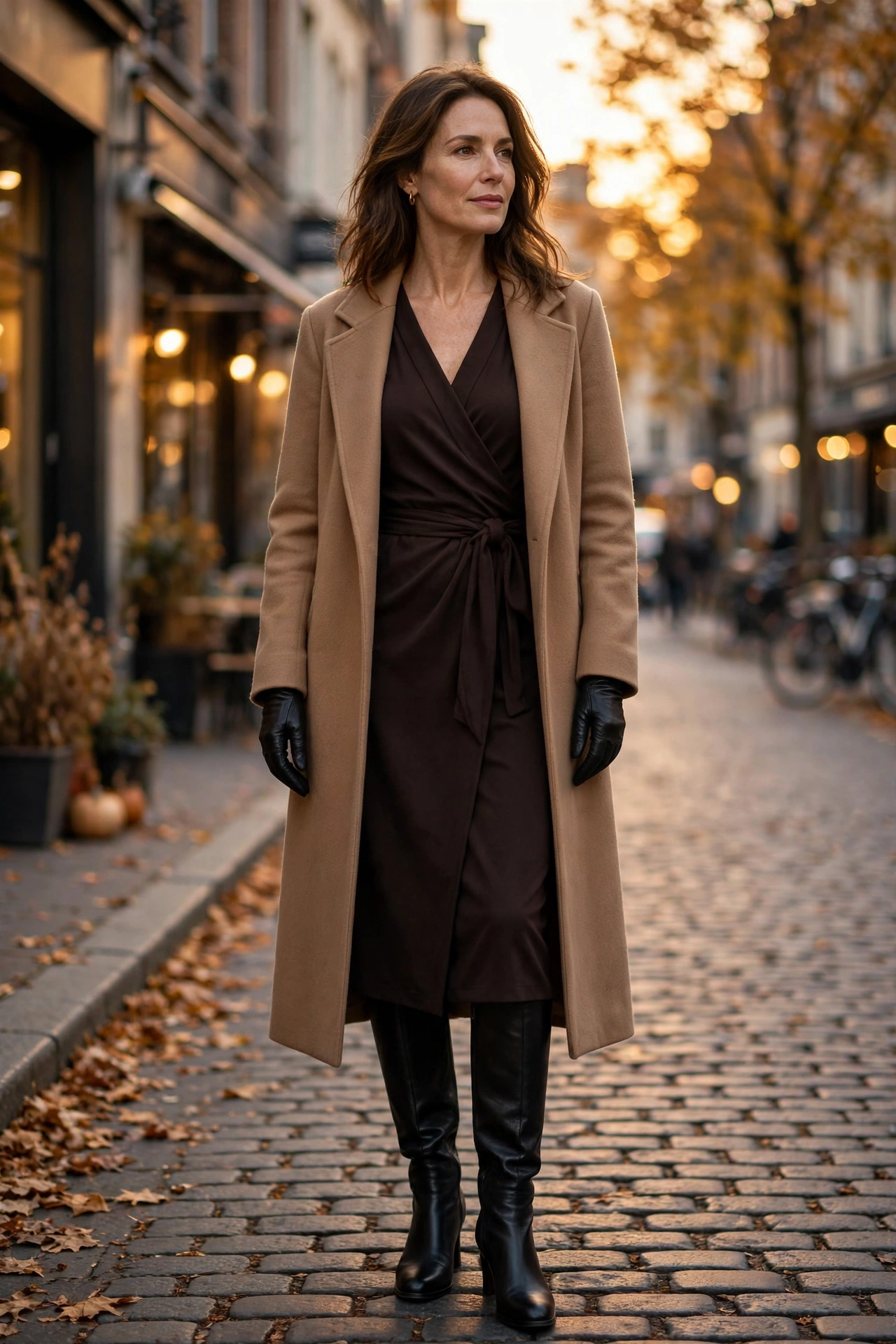 Woman in her 40s wearing an espresso wrap dress with a long wool coat and leather gloves