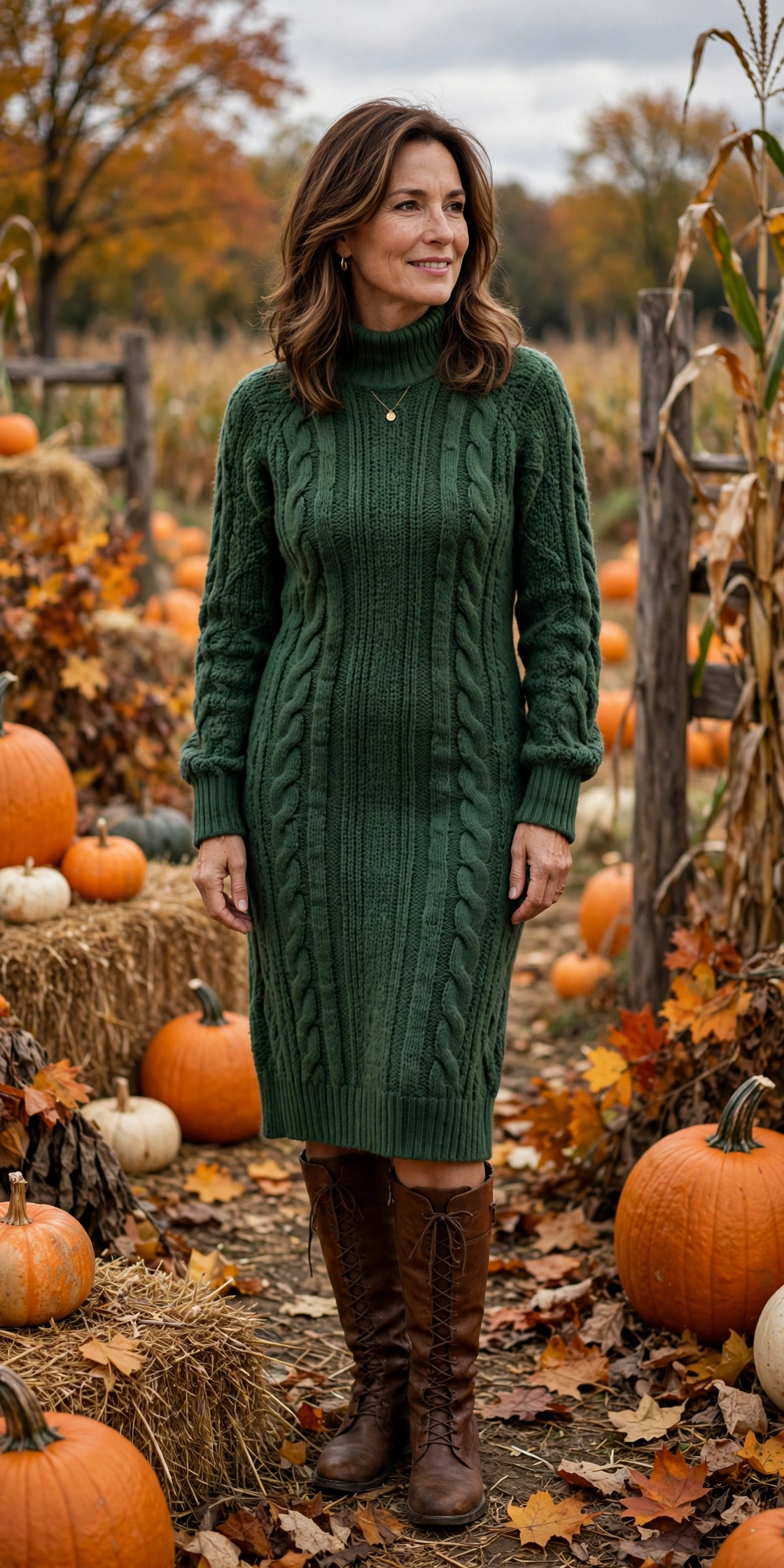 Woman in her 40s wearing a forest green sweater dress with tall boots and a camel wool scarf