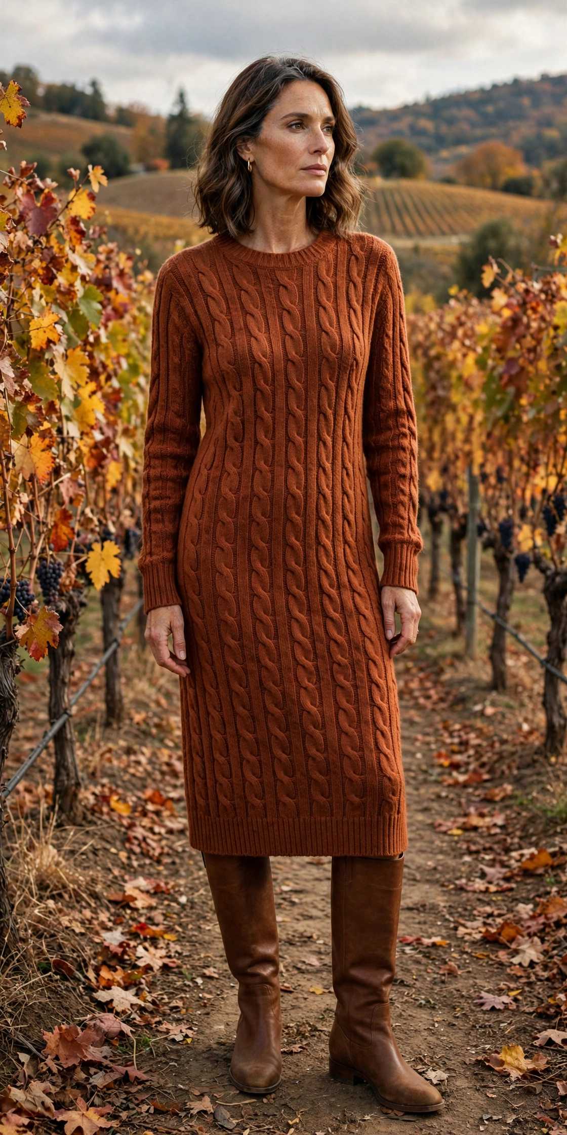 Woman in her 40s wearing an olive knit midi dress with a tan belt and knee-high boots