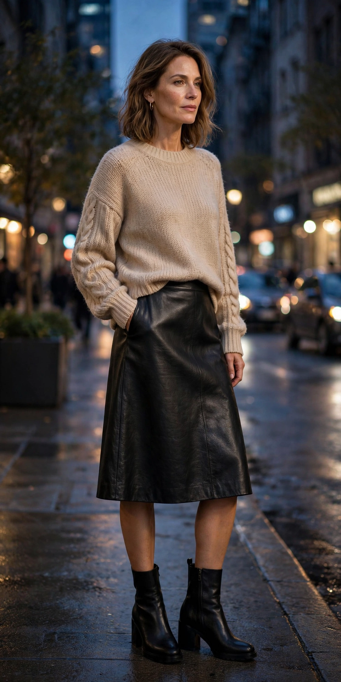 Woman in her 40s wearing an ivory chunky knit sweater with a satin midi skirt and ankle boots