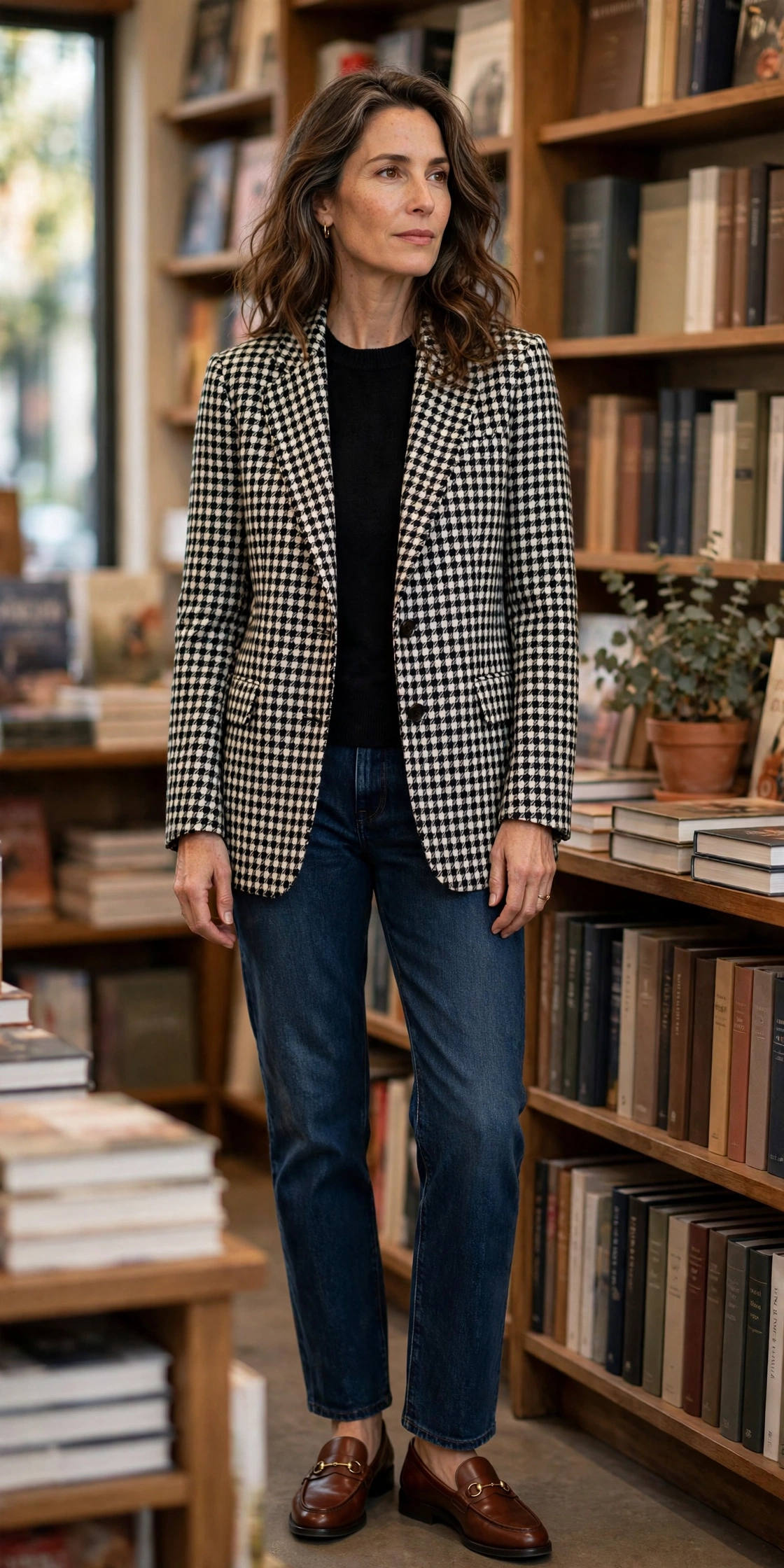 Woman in her 40s wearing a houndstooth blazer over a black sheath dress with pumps