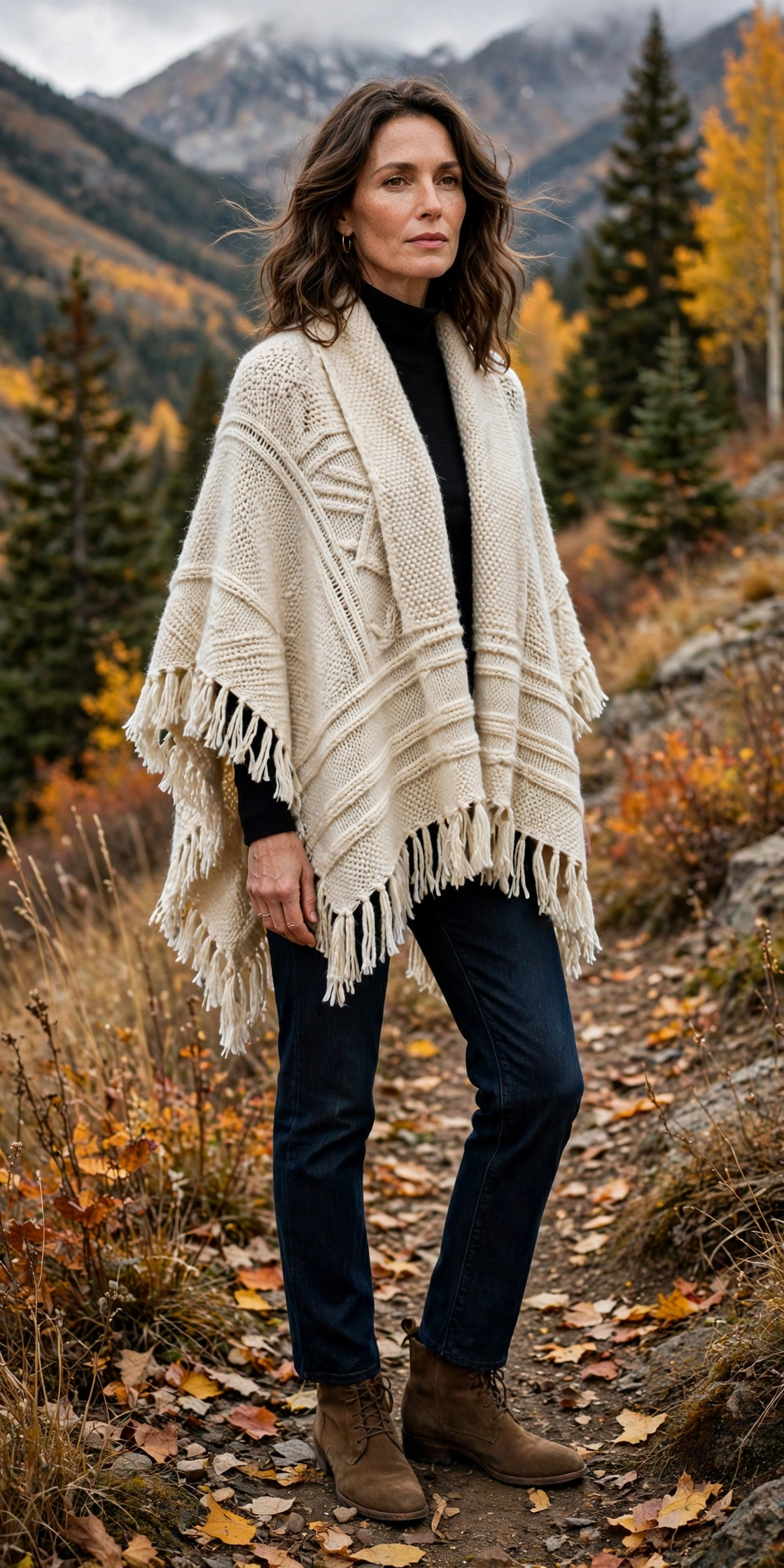 Woman in her 40s wearing a cream cable-knit sweater with dark bootcut jeans and suede ankle boots