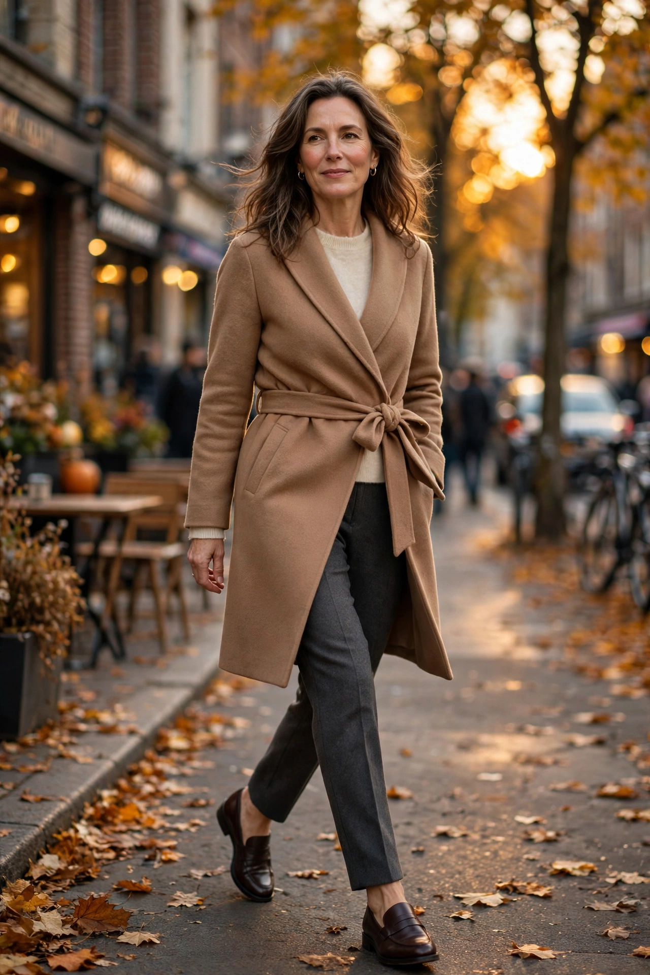Woman in her 40s wearing a camel wrap coat over a cream sweater and charcoal tailored trousers on a fall city street