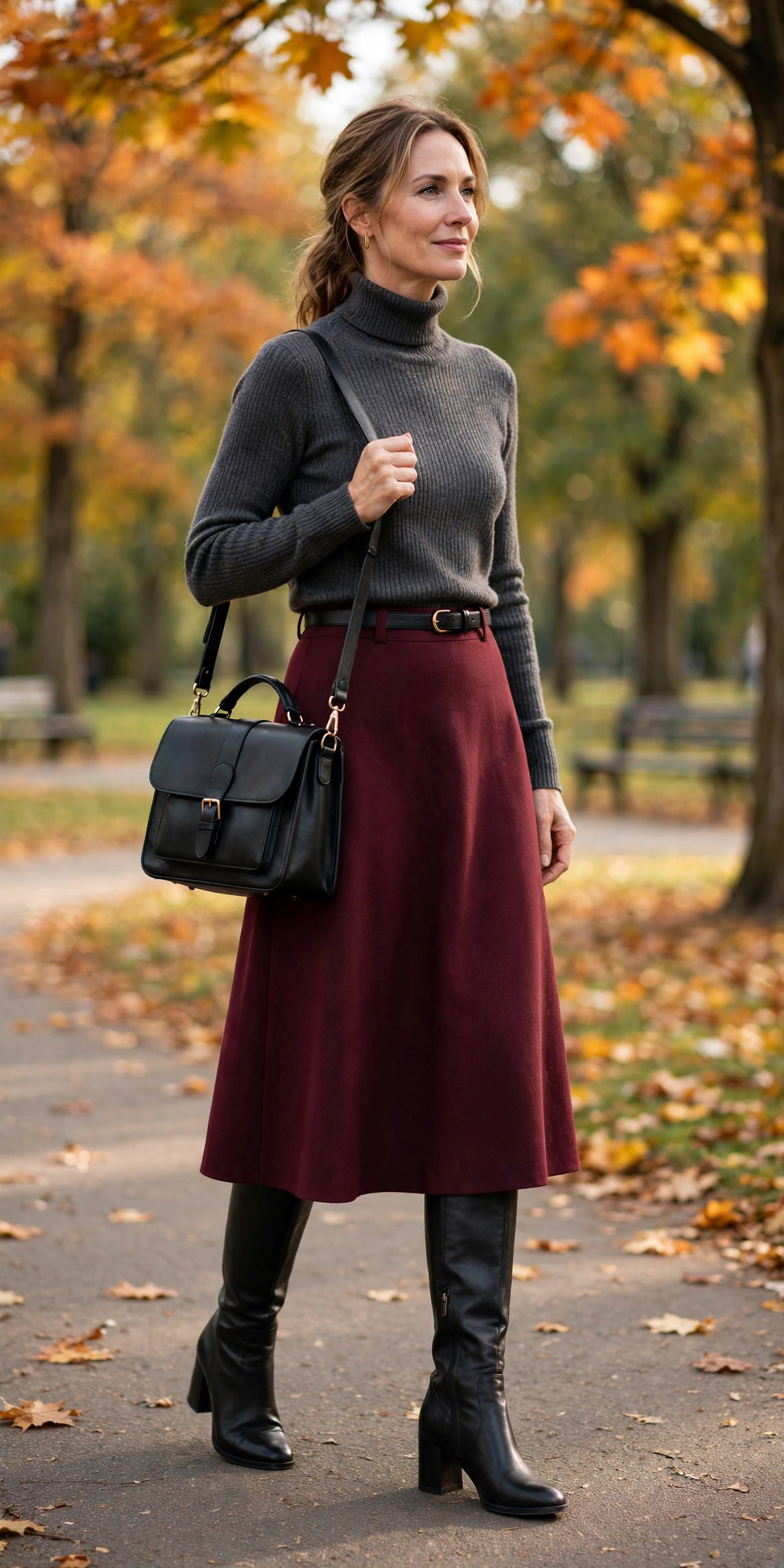 Woman in her 40s wearing a burgundy midi skirt with a charcoal turtleneck and knee boots in an autumn park