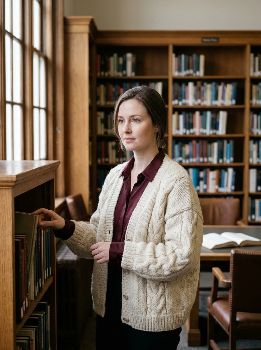 A woman wearing a silk blouse layered with a thick wool cardigan.