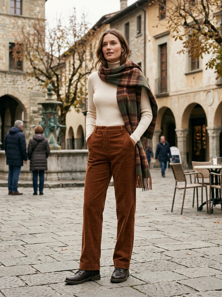 A woman wearing corduroy trousers and a turtleneck, strong for a vintage inspired winter look.