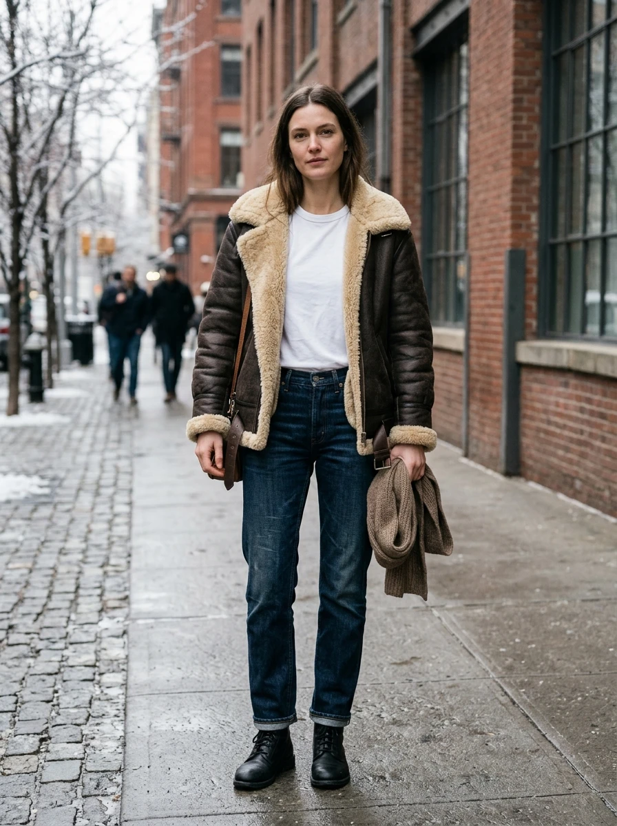 A woman wearing a shearling jacket and dark denim, creating a classic winter travel look.