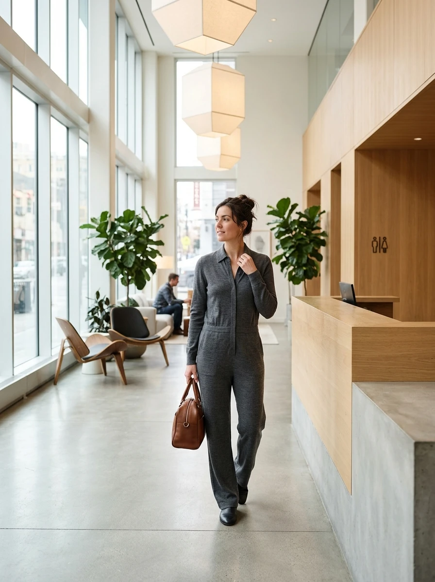 A woman in a merino wool jumpsuit, showcasing a practical yet stylish one piece outfit.