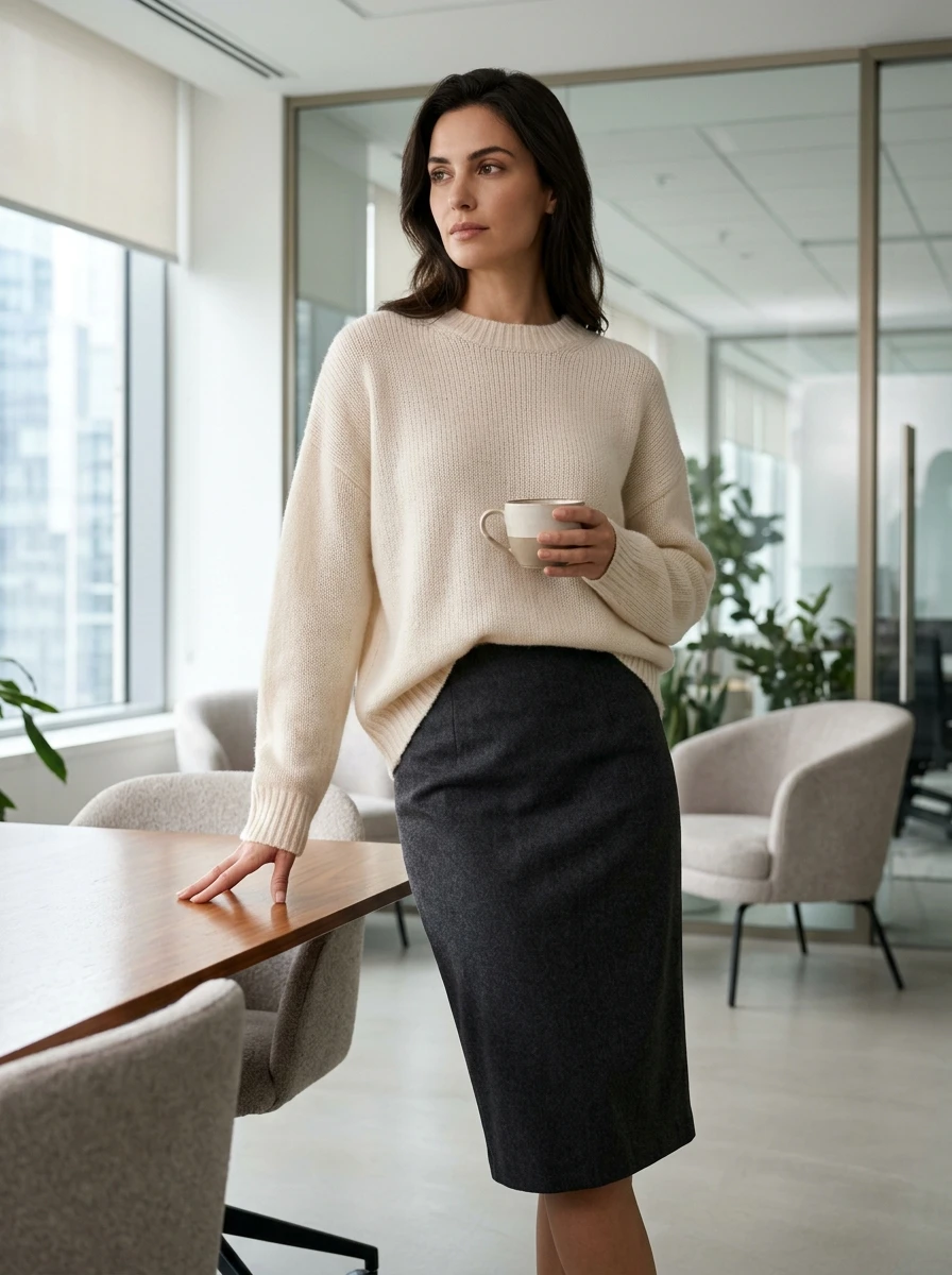 A woman wearing a pencil skirt paired with an oversized sweater for a balanced winter look.