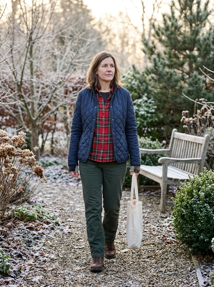 A woman in a flannel shirt layered with a quilted jacket, suitable for casual winter outings.