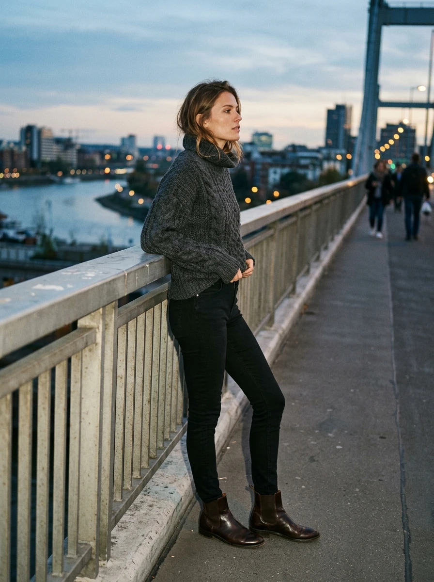A woman wearing black jeans and leather boots, a staple for any winter travel wardrobe.
