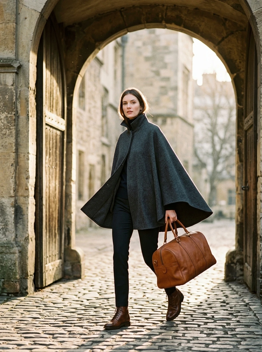 A woman wearing a wool cape over slim pants, creating a stylish and comfortable travel look.