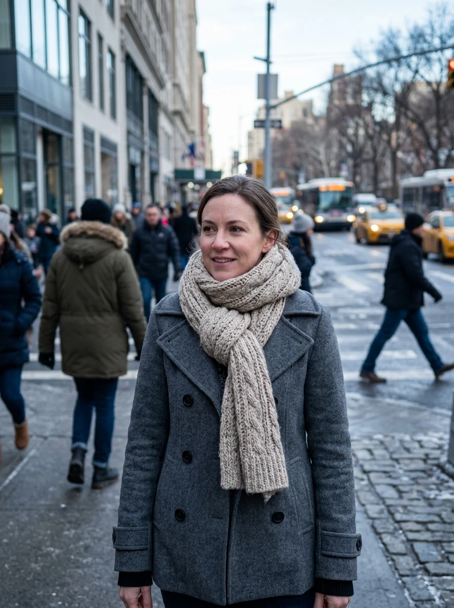 A woman wearing a chunky scarf and a wool coat, demonstrating how accessories change an outfit.