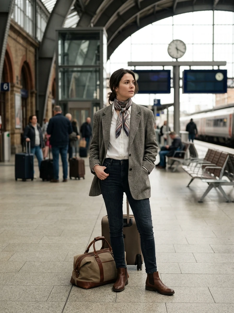 A woman wearing an oversized wool blazer over a crisp shirt and dark denim jeans.