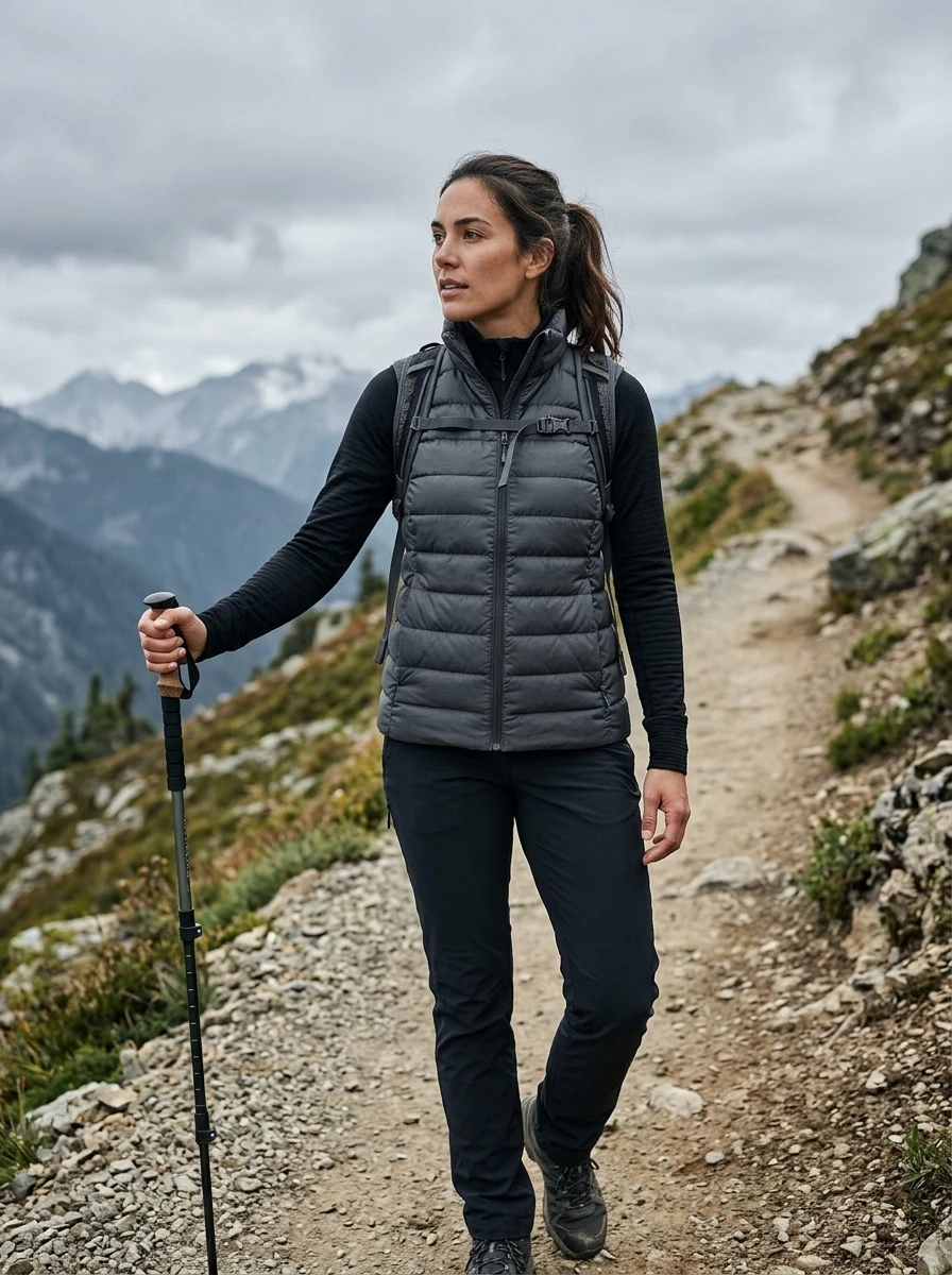 A woman wearing a puffer vest layered over a thermal top during a winter outing.