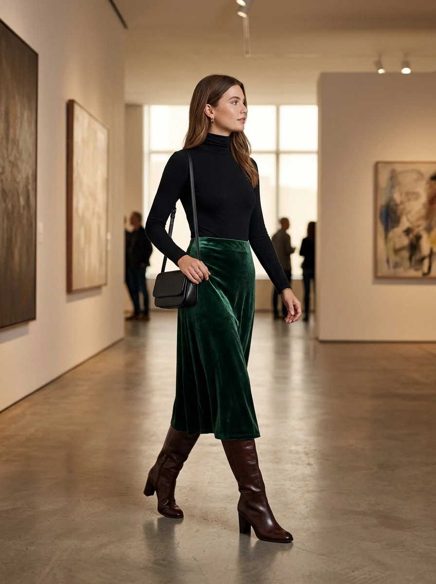 A woman wearing a velvet midi skirt paired with knee high leather boots.