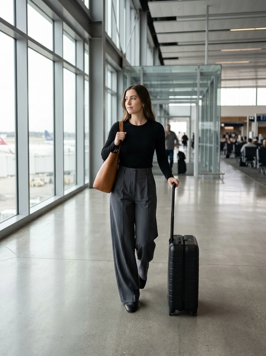 A woman in wide leg trousers and a fitted tee, demonstrating a comfortable travel silhouette.