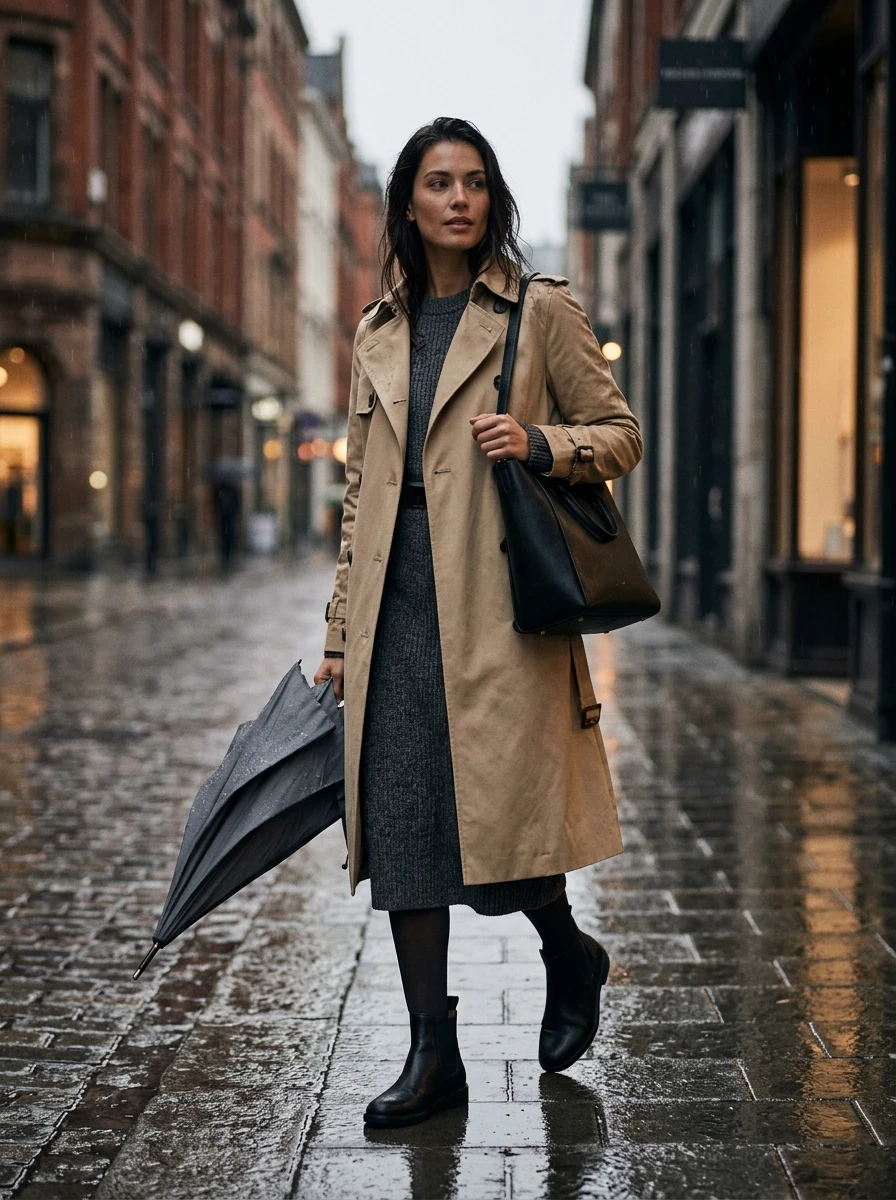 A woman in a trench coat layered over a knit dress, suitable for wet winter weather.