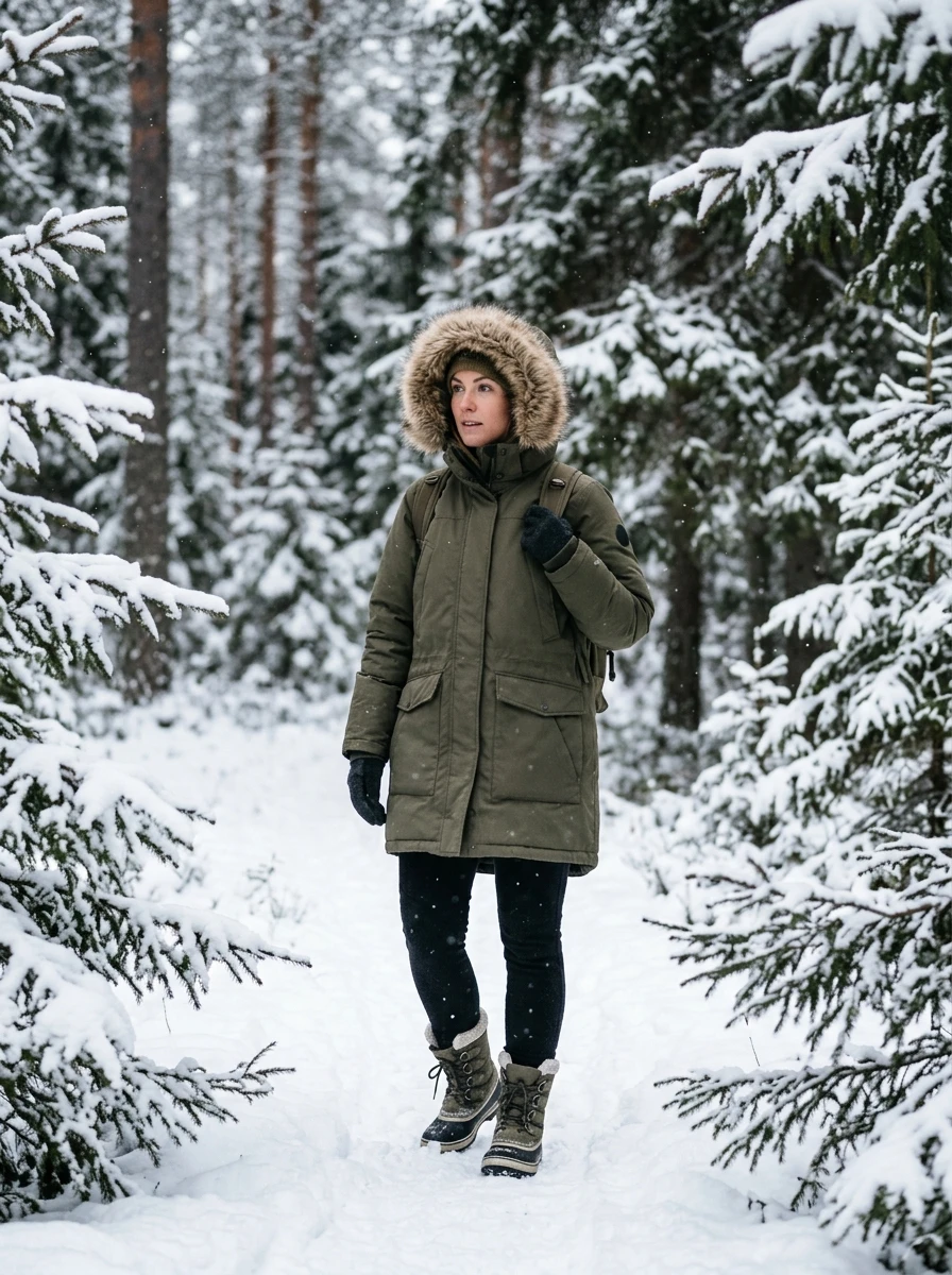A woman dressed in a heavy parka and warm leggings, ready for snowy conditions.