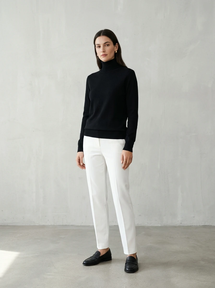 A woman wearing a black turtleneck and white trousers, standing against a minimalist wall, demonstrating a high contrast look.