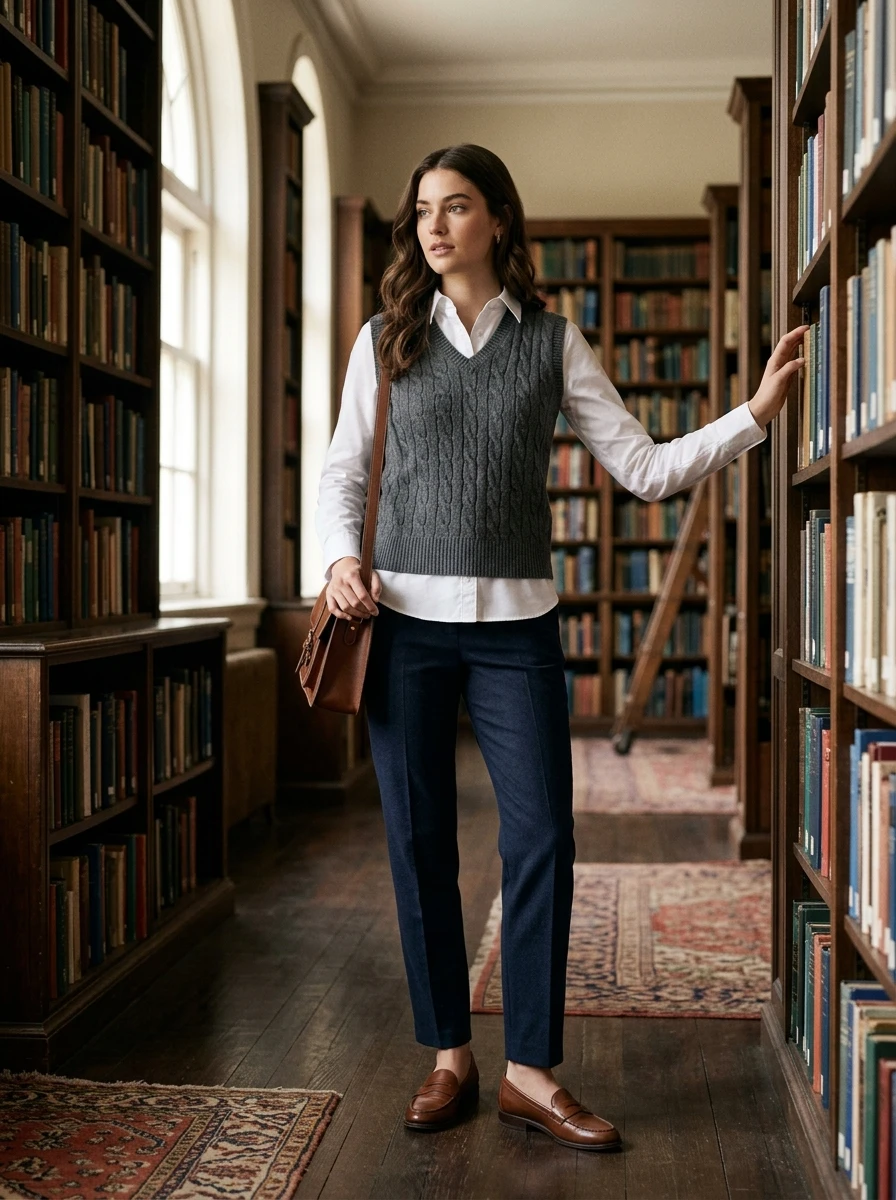 A woman wearing a sweater vest over a button down shirt, standing in a library, showcasing a smart winter outfit.